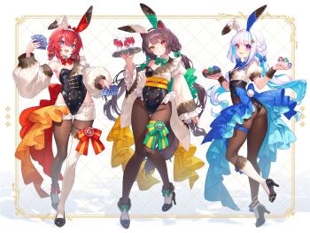 3girls :3 :d alcohol alternate_costume ange_katrina animal_ear_hairband animal_ears ass between_fingers black_corset black_leotard black_shoes blue_bow blue_bowtie blue_eyes blue_hair blunt_bangs blush border bow bow_legwear bowtie braid breasts brown_hair brown_pantyhose brown_tail brown_wrist_cuffs buttons card champagne_flute cleavage closed_mouth colored_inner_hair commentary_request corset crossed_bangs cup detached_collar detached_sleeves dog_girl dog_tail double-breasted drinking_glass drop_shadow fake_animal_ears fake_tail flat_chest frilled_shirt frilled_sleeves frills from_behind full_body gradient_eyes green_bow green_bowtie green_nails grid_background groin group_picture hair_between_eyes hair_bow hair_intakes hair_ornament hairband half-shirt hand_up hands_up heterochromia high_heels highres holding holding_card holding_poker_chip holding_tray inset_border inui_toko kneehighs knees_together_feet_apart kutori_pan'ya leotard lize_helesta long_hair long_sidelocks long_sleeves looking_at_viewer looking_back low_twintails matching_outfits medium_breasts medium_hair multicolored_eyes multicolored_hair multiple_girls nail_polish nijisanji nontraditional_playboy_bunny obi obidome obijime one_ear_down open_mouth outline outside_border pantyhose pantyhose_under_leotard poker_chip puffy_long_sleeves puffy_short_sleeves puffy_sleeves purple_eyes rabbit_ear_hairband rabbit_ears rabbit_tail red_bow red_bowtie red_eyes red_hair red_nails sanbaka_(nijisanji) sash serving shirt shoes short_sleeves shorts shorts_under_leotard sidelocks signature single_ankle_cuff single_bare_shoulder single_detached_sleeve single_sleeve single_thighhigh skindentation sleeve_cuffs sleeved_leotard small_breasts smile socks socks_over_pantyhose sparkle_hair_ornament standing standing_on_one_leg star_(symbol) star_hair_ornament streaked_hair tail thigh_bow thigh_gap thigh_strap thighhighs tray twin_braids twintails two-tone_hair very_long_hair virtual_youtuber watermark white_background white_hair white_hairband white_shirt white_shorts white_sleeves white_socks white_thighhighs wine wrist_cuffs yellow_border yellow_eyes yellow_sash