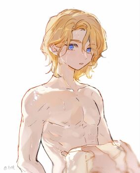 1boy 1other aged_down axis_powers_hetalia blonde_hair blue_eyes cubed_(houkuaid) france_(hetalia) highres looking_at_viewer male_focus nipples open_mouth short_hair simple_background solo_focus upper_body wavy_hair wet wet_hair white_background