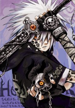 1boy angry animal_skull bandaged_arm bandages black_gloves black_hoodie black_nails facial_mark fingerless_gloves gloves hair_over_eyes highres holding holding_skull holding_sword holding_weapon hood hood_down hoodie looking_at_viewer male_focus nu_punxxxz orange_eyes original purple_background short_sleeves skull skull_and_crossbones skull_print solo spiked_hair sword weapon white_hair