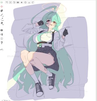 1girl bandaid bandaid_on_leg black_gloves black_skirt blue_archive gloves halo long_hair lying okimiyage_(oitekuze_kore) shirt skirt socks very_long_hair white_shirt white_socks yume_(blue_archive)
