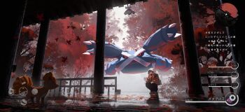 1boy absurdres aipom animal asteroid_ill autumn backpack bag bird brown_hair commentary_request falling_leaves forest fox gen_1_pokemon gen_2_pokemon gen_3_pokemon health_bar highres hoothoot jacket leaf maple_leaf metagross minimap nature nintendo outdoors pokemon pokemon_(creature) red_jacket reflection scenery shoes short_hair squatting translation_request tree user_interface vulpix waving white_shoes