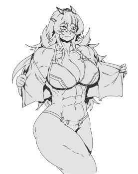 1girl abs bare_shoulders barghest_(fate) barghest_(swimsuit_archer)_(final_ascension)_(fate) biceps bikini blush breasts cleavage commentary english_commentary fate/grand_order fate_(series) greyscale horns large_breasts long_hair looking_to_the_side minew monochrome muscular muscular_female navel off_shoulder open_clothes open_shirt solo swimsuit thick_thighs thighs