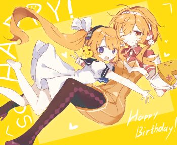 2girls absurdres birthday character_request chinese_commentary commentary_request dress hair_ribbon happy_birthday headphones highres holding holding_plate hug j-core long_hair looking_at_viewer multiple_girls one_eye_closed open_mouth orange_dress orange_eyes orange_hair p-ko_(pichnopop) pichnopop plate ponytail purple_eyes ribbon short_hair simple_background smile smiley_face white_dress white_ribbon wusem0108 yellow_background