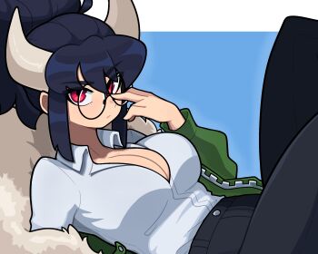 1girl adjusting_eyewear black-framed_eyewear black_hair black_pants borrowed_character breasts cleavage collared_shirt commission glasses green_jacket highres horns jacket large_breasts long_hair long_sleeves lying muds on_back original pants pink_eyes ponytail round_eyewear shirt sidelocks solo white_shirt