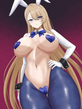 1girl animal_ears black_wrist_cuffs blonde_hair blue_eyes blush breasts brown_dust_(series) brown_dust_2 closed_mouth eyebrows_hidden_by_hair from_below gradient_background hair_between_eyes hair_over_one_eye heart_maebari heart_pasties highres hiphighs kuro_hopper large_breasts long_hair looking_at_viewer maebari navel pasties pink_background rabbit_ears reverse_bunnysuit reverse_outfit shrug_(clothing) solo stomach underboob very_long_hair wilhelmina_(brown_dust) wrist_cuffs