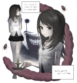 1girl absurdres bandaged_arm bandages black_eyes black_hair black_skirt blood bug candle closed_mouth cockroach crying eldritch_abomination highres holding insect jewelry k_hottok long_hair looking_at_viewer multiple_views necklace one_side_up original puffy_short_sleeves puffy_sleeves scar self-harm_scar shirt short_sleeves simple_background skirt teeth white_background white_shirt