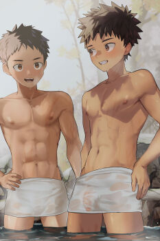 2boys :d abs batsusuke blush brown_eyes brown_hair collarbone dripping eye_contact grin hand_on_own_hip highres kai looking_at_another male_focus multiple_boys n.e.k.o n.e.k.o_(the_four_seasons_of_farewells) naked_towel navel nipples onsen open_mouth original outdoors pectorals penis rock see-through_clothes short_hair smile spiked_hair standing steam toned toned_male topless_male towel towel_around_waist tree ushio wading water wet wet_towel yoichi_yukimura