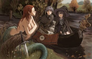 1boy 2girls black_hair boat braid breasts canoe capelet cleavage commentary commission copyright_request english_commentary gloves gold_can grass grey_eyes grey_hair hat highres large_breasts long_hair looking_at_another mermaid monster_girl multiple_girls open_mouth orange_hair outdoors pointy_ears rowboat scales short_hair sitting strap sword thigh_strap topless_female tree twin_braids water watercraft weapon witch witch_hat