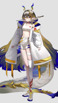 1girl absurdres alternate_costume aoi_wakashi_chiyo arknights blonde_hair blue_hair breasts closed_mouth coat collarbone commentary_request dragon_girl dragon_horns dragon_tail eastern_dragon_horns eastern_dragon_tail full_body green_eyes grey_background grey_hair hair_between_eyes hair_intakes highres horns long_hair long_sleeves medium_breasts navel open_clothes open_coat pointy_ears shoes shu_(arknights) simple_background single_thighhigh skirt smile solo sports_bra stomach tail thigh_strap thighhighs very_long_hair white_coat white_shoes white_skirt white_sports_bra white_thighhighs