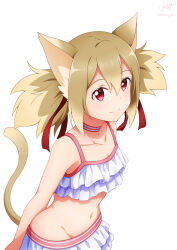 Rule 34 | 1girl, animal ear fluff, animal ears, arms behind back, artist name, bikini, cat ears, cat girl, cat tail, choker, closed mouth, collar, collarbone, commentary request, flat chest, frilled bikini, frills, groin, hair between eyes, hair ribbon, highres, ken-ji, leaning forward, light brown hair, looking at viewer, midriff, navel, red choker, red eyes, red ribbon, ribbon, short hair, short twintails, sidelocks, signature, silica, silica (sao-alo), simple background, smile, solo, stomach, swimsuit, sword art online, tail, twintails, twitter username, upper body, white background, white bikini, white choker