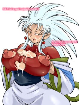 1girl breasts bukkake closed_mouth cum cum_on_body english_text facial female_focus large_breasts licking nipples original rickert_kai ryouko_(tenchi_muyou!) tenchi_muyou! text_focus translation_request white_background