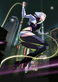 1girl arai_hiroki breasts cd_projekt_red city closed_eyes cyberpunk_(series) cyberpunk_2077 cyberpunk:_edgerunners highres jumping lucy_(cyberpunk) medium_breasts night night_sky official_art open_mouth purple_hair short_hair sky solo teeth trigger_(company)
