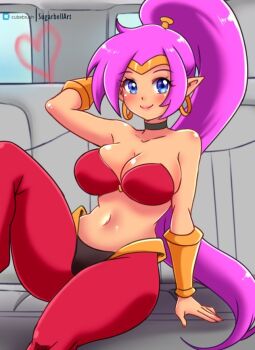 1girl arm_behind_head arm_support arm_up bikini bikini_top_only blue_eyes blush bracer breasts choker cleavage collarbone dancer dark_skin earrings harem_outfit harem_pants heart hoop_earrings jewelry large_breasts long_hair looking_at_viewer navel pants pointy_ears ponytail purple_hair red_bikini red_pants shantae shantae_(series) sitting smile sugarbell swimsuit tiara wayforward