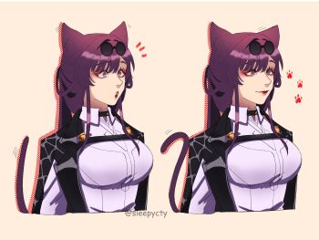 1girl :o animal_ears black_jacket breasts cat_ears cat_girl cat_tail chest_harness collared_shirt commentary cropped_torso eyewear_on_head harness highres honkai:_star_rail honkai_(series) jacket kafka_(honkai:_star_rail) kemonomimi_mode notice_lines paw_print purple_eyes purple_hair red_lips round_eyewear shirt sleepycty sunglasses tail white_shirt