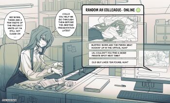 1girl absurdres artist_name book breasts chair chat_log choker commentary computer_keyboard corded_phone desk english_commentary english_text hair_between_eyes highres indoors long_hair long_sleeves looking_at_screen monitor monochrome office office_chair office_lady original paper_stack parted_lips pen phone senukin shirt sitting skirt speech_bubble spot_color sticky_note sweatdrop swivel_chair talking talking_on_phone twitter_username typing zooming_in