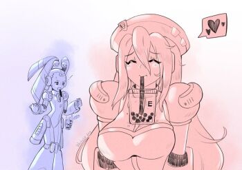 ! 2girls android artist_name beret between_breasts breasts clenched_hands closed_eyes commentary dated detached_hair drinking_straw drinking_straw_in_mouth hat heart iris_(mega_man) joints large_breasts long_hair low-tied_long_hair mega_man_(series) mega_man_x_(series) monochrome multiple_girls open_mouth pallette_(mega_man) robot_ears robot_girl robot_joints simple_background smile symbol-only_commentary very_long_hair white_background whiteabsol