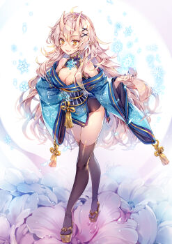 1girl ahoge bare_shoulders black_nails black_shirt black_shorts black_thighhighs blue_kimono breasts brooch cleavage cleavage_cutout closed_mouth clothing_cutout commentary commission crossed_legs double-parted_bangs english_commentary fingernails flower from_above full_body gold_shoes gold_trim grey_hair hair_between_eyes hair_ornament hand_on_own_hip hieihirai highres horns hydrangea japanese_clothes jewelry kimono lips long_hair long_sleeves looking_at_viewer medium_breasts micro_shorts nail_polish original platform_clogs platform_sandals sandals sharp_fingernails shirt shoes shorts simple_background skin-covered_horns skindentation sleeveless sleeveless_shirt smile snowflake_brooch snowflakes solo standing thighhighs very_long_hair white_background wide_sleeves x_hair_ornament yellow_eyes yuki_(sasucchi95)