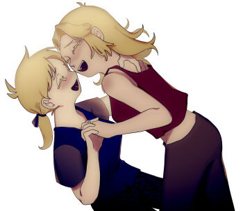 Rule 34 | 2girls, :d, ^ ^, akt xp, animification, blonde hair, blue shirt, blush, closed eyes, colored eyelashes, commentary request, couple, eddsworld, happy, highres, holding hands, katya (eddsworld), kim (eddsworld), low ponytail, medium hair, multiple girls, open mouth, pants, ponytail, red tank top, shirt, simple background, smile, tank top, white background, yuri