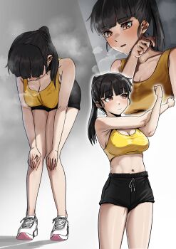 1girl absurdres after_exercise armpit_crease bent_over black_hair blush boogidope breasts cleavage commentary english_commentary exhausted full_body gym_shorts hands_on_own_knees heavy_breathing high_ponytail highres large_breasts long_hair looking_to_the_side multiple_views navel orange_eyes original parted_lips ponytail shoes short_shorts shorts sneakers sports_bra stretching sweat toned wiping_sweat yellow_sports_bra