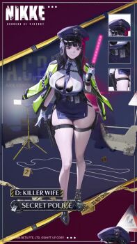 1girl animated arm_tattoo audible_speech belt black_bra black_hair blue_necktie blue_skirt blunt_bangs bouncing_breasts bra breasts character_name cleavage closed_mouth commentary cuffs curvy d_(killer_wife)_(nikke) d_(killer_wife)_(secret_police)_(nikke) d_(nikke) english_audio english_commentary english_text full_body gloves goddess_of_victory:_nikke gun handcuffs handgun hat highres holding holding_gun holding_weapon holster id_card jacket jacket_on_shoulders large_breasts logo looking_at_viewer miniskirt necktie official_alternate_costume official_art open_clothes open_jacket police police_hat police_uniform policewoman red_eyes road_sign ryona shiny_skin shirt sign skirt smile sound tattoo thigh_holster thigh_strap title traffic_baton underwear video weapon white_gloves white_shirt wide_hips