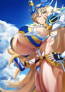 1girl abs absurdres arm_guards armor barghest_(fate) barghest_(swimsuit_archer)_(third_ascension)_(fate) black_gloves blonde_hair blue_sky bottle bracelet breasts cleavage commentary_request fate/grand_order fate_(series) faulds fingerless_gloves gloves green_eyes highres horns huge_breasts jewelry looking_at_viewer medium_hair multicolored_swimsuit muscular muscular_female navel omte97 pauldrons shoulder_armor sky slingshot_swimsuit smile solo swimsuit thick_thighs thighs water_bottle