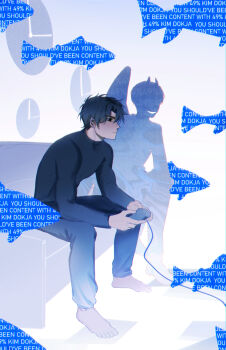 2boys absurdres astruma2 barefoot black_eyes black_hair black_shirt clock commentary controller couch demon_horns english_commentary english_text fish highres holding holding_controller horns kim_dokja long_sleeves male_focus multiple_boys omniscient_reader's_viewpoint on_couch pants shirt short_hair silhouette sitting smile very_short_hair wings yoo_joonghyuk
