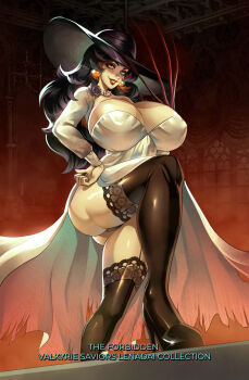 Rule 34 | 1girl, alcina dimitrescu, ass, black flower, black hair, black hat, black rose, black shoes, black thighhighs, breasts, claws, commentary, commission, dress, earrings, english commentary, flower, foot out of frame, hand on own hip, hat, high heels, highres, huge breasts, jewelry, lace, lace-trimmed thighhighs, lace trim, lena dai, lipstick, long hair, long sleeves, looking at viewer, makeup, necklace, parted lips, pearl necklace, red lips, resident evil, resident evil village, rose, shoes, smile, solo, sphere earrings, sun hat, thighhighs, uneven footing, white dress, yellow eyes