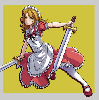 1girl apron blonde_hair dress dual_wielding expressionless frills hair_ornament highres holding holding_sword holding_weapon kyoto_kiranami long_hair maid maid_headdress outside_border puffy_short_sleeves puffy_sleeves red_dress red_shoes ribbon shoes short_sleeves solo sword thighhighs touhou touhou_(pc-98) weapon white_thighhighs yellow_background yellow_eyes yumeko_(touhou)