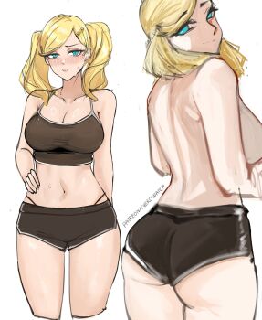1girl absurdres ass back black_camisole black_shorts blonde_hair blue_eyes blush breasts camisole cleavage commentary crop_top english_commentary hair_ornament hairclip hand_on_own_hip highres large_breasts long_hair multiple_views navel nero_watch panty_straps patreon_username persona persona_5 short_shorts shorts simple_background stomach sweat takamaki_anne topless_female twintails white_background