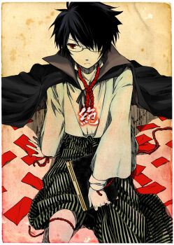 1boy black_cape cape commentary_request faux_traditional_media feet_out_of_frame glasses green_hakama hair_over_one_eye hakama itoshiki_nozomu japanese_clothes kimono koya_higashi looking_to_the_side male_focus noose_necktie red_eyes red_rope rope sayonara_zetsubou_sensei sitting solo thighs translation_request