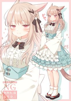 1girl :3 absurdres animal_ears apron aqua_dress artist_name ayamisiro breasts brown_hair cat_ears cat_girl cat_tail dress facial_mark final_fantasy final_fantasy_xiv highres long_hair looking_at_viewer maid miqo&#039;te mixed_maids red_eyes sandals solo sparkle standing tabi tail waist_apron warrior_of_light_(ff14) whisker_markings zoom_layer zouri