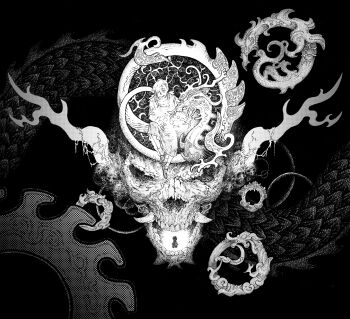 1girl absurdres antlers chinese_commentary commentary_request dragon eastern_dragon grey_hair hair_over_one_eye highres horns kicchou_yachie monochrome one_eye_covered ouroboros parted_lips sandals shirt short_hair shou-xing skirt skull smile socks spell_card touhou wide_shot zshoustar