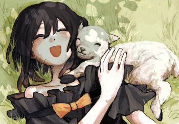 1girl ^_^ aged_down amo_empool baby_animal black_dress blush bow bowtie carbolic20 closed_eyes day dress field gachiakuta grass happy highres lamb off-shoulder_dress off_shoulder open_mouth orange_bow orange_bowtie outdoors sheep short_hair smile solo