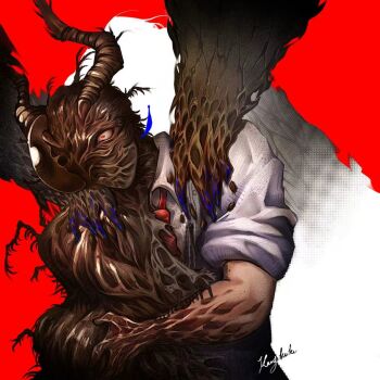 1boy antennae arthropod_limbs artist_name bug cockroach collared_shirt commentary compound_eyes constricted_pupils dutch_angle english_commentary gregor_(project_moon) insect insect_wings kanykuku0701 limbus_company mutation necktie pants project_moon red_necktie red_pupils shirt sleeves_rolled_up solo spoilers the_roach_emperor upper_body vest white_shirt wings