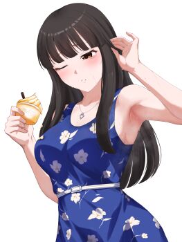 1girl absurdres armpits belt black_hair blue_dress blush brown_eyes commentary dress embarrassed english_commentary floral_print food highres hime_cut ice_cream idolmaster idolmaster_cinderella_girls jewelry kurokawa_chiaki long_hair miyamu necklace one_eye_closed presenting_armpit sleeveless sweat very_long_hair very_sweaty
