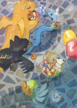 absurdres animal_focus aomidori_iro balloon basket closed_eyes cutiefly dragonair dragonite dratini food from_above gardevoir gen_1_pokemon gen_2_pokemon gen_3_pokemon gen_6_pokemon gen_7_pokemon highres machamp murkrow nintendo no_humans pokemon pokemon_(creature) swirlix
