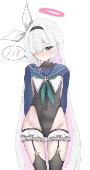 1girl blue_archive bow commentary_request cosplay frilled_thigh_strap halo highleg highleg_leotard highres leotard long_hair pink_halo plana_(blue_archive) shimiko_(blue_archive) shimiko_(blue_archive)_(cosplay) shimiko_(magical)_(blue_archive) simple_background solo thigh_strap thighhighs very_long_hair white_hair wodubian