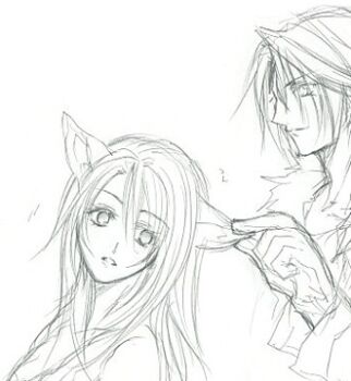 1boy 1girl animal_ears cat_ears commentary_request final_fantasy final_fantasy_viii fur_trim gloves grabbing_another's_ear graphite_(medium) hair_between_eyes hair_over_shoulder hand_on_another's_ear hand_up head_tilt height_difference hinokami kemonomimi_mode long_hair lowres monochrome parted_lips pinching rinoa_heartilly short_hair sketch smile squall_leonhart surprised traditional_media upper_body white_background