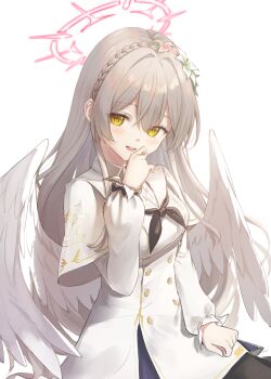 1girl absurdres af-henrytz angel_wings black_neckerchief blue_archive blush braid brown_hair buttons capelet double-breasted dress feathered_wings flower gold_trim hair_flower hair_ornament halo highres long_hair long_sleeves low_wings nagisa_(blue_archive) neckerchief open_mouth red_halo simple_background smile solo very_long_hair white_background white_capelet white_dress white_flower white_wings wings yellow_eyes