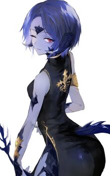 Rule 34 | 1girl, absurdres, au ra, bare shoulders, black dress, blue hair, china dress, chinese clothes, clothing cutout, colored skin, commentary request, dragon girl, dragon horns, dragon tail, dress, final fantasy, final fantasy xiv, hachi0047, highres, horns, looking at viewer, one eye closed, red eyes, scales, short hair, simple background, sleeveless, sleeveless dress, solo, tail, tail through clothes, warrior of light (ff14), white background