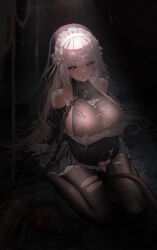 1girl absurdres bare_shoulders black_bodystocking black_dress black_shoes bodystocking breasts chain chain_leash chained chinese_commentary commentary_request covered_erect_nipples cross cross_necklace cum cum_on_body cum_on_breasts cum_on_hair cum_on_upper_body detached_sleeves dress earrings facial full_body glowing glowing_tattoo heart heart-shaped_pupils heart_tattoo highres huang_(pixiv3580877) jewelry large_breasts leash lelia_(sinisistar) long_hair looking_at_viewer mole mole_on_breast necklace nun pregnant pubic_tattoo pubic_tattoo_through_clothing purple_eyes see-through_cleavage see-through_clothes see-through_dress shoes sideboob sinisistar sinisistar_2 solo symbol-shaped_pupils tattoo tentacles torn_bodystocking torn_clothes transparent_dress transparent_top variant_set very_long_hair white_hair