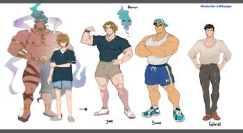 Rule 34 | 4boys, abs, absurdres, alternate form, alternate muscle size, anklet, armlet, backwards hat, bandaid, bandaid on cheek, bandaid on face, bara, baseball cap, biceps, black hair, black shirt, blonde hair, blue eyes, blue hair, blue shorts, bracelet, brown eyes, brown hair, brown shorts, chest hair, circlet, crossed arms, english text, facial hair, flexing, genie, goatee, gold anklet, gold armlet, gold bracelet, gold circlet, grey tank top, grin, hair over one eye, hand on own hip, hat, highres, jewelry, large pectorals, loafers, male focus, multicolored hair, multiple boys, muscle growth, muscular, muscular legs, muscular male, nipple piercing, original, pants, parted lips, pectorals, piercing, pink eyes, pointy ears, reference sheet, robokeh, shirt, shoes, shorts, size difference, sketch, slippers, smile, sneakers, stubble, sweater, tank top, thighs, tight clothes, transformation, two-tone hair, v-neck, white background
