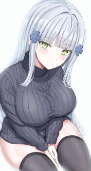 1girl absurdres alternate_costume backlighting black_sweater black_thighhighs blush breasts closed_mouth clover_hair_ornament commentary_request dot_nose facial_mark girls'_frontline girls'_frontline_2:_exilium green_eyes grey_hair hair_ornament highres hk416_(girls'_frontline) klukai_(girls'_frontline_2) large_breasts long_hair long_sleeves looking_at_viewer ribbed_sweater sitting solo sweater teardrop_facial_mark thighhighs turtleneck turtleneck_sweater uchikata_takeaki