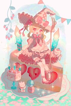 1girl :d ankle_bow ankle_garter ankle_ribbon arm_behind_back blonde_hair bow bowtie cake candle commentary dress english_commentary food fork frilled_dress frilled_garter frilled_hat frills fruit full_body giuniu_(unc_135) gloves hair_between_eyes hair_bow hand_on_ground hand_up hat hat_bow heart heart_in_eye highres holding holding_fork layered_dress leg_ribbon long_hair looking_at_viewer macaron no_nose no_pupils open_mouth original oversized_object pennant pink_bow pink_bowtie pink_dress pink_eyes pink_garter pink_hat pink_shoes ribbon shoes short_dress smile solo strawberry symbol_in_eye white_gloves witch_hat