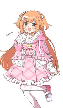 1girl asymmetrical_legwear belt blush_stickers bow bowtie drawstring egg_hair_ornament food-themed_hair_ornament foot_out_of_frame frilled_jacket frilled_sailor_collar frills gem hair_ornament hair_ribbon highres hood hooded_jacket jacket kirara_tamako kirara_tamako_(2nd_costume) knee_up konata1215 long_hair long_sleeves looking_at_viewer mismatched_legwear nijisanji open_clothes open_jacket open_mouth orange_eyes orange_hair petticoat pink_belt pink_bow pink_bowtie pink_jacket pink_shoes pink_skirt plaid_clothes plaid_skirt pleated_skirt polka_dot polka_dot_thighhighs puffy_long_sleeves puffy_sleeves ribbon sailor_collar shirt shoes simple_background skirt sleeves_past_wrists smile solo standing standing_on_one_leg striped_bow striped_bowtie striped_clothes thighhighs two-sided_fabric two-sided_jacket two_side_up virtual_youtuber white_background white_ribbon white_sailor_collar white_shirt white_thighhighs yellow_gemstone