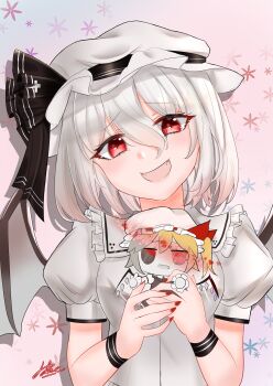 1girl 2091966 absurdres alternate_color alternate_hair_color bat_wings black_ribbon breasts doll fangs flandre_scarlet frilled_hat frilled_shirt_collar frills furrowed_brow hat hat_ribbon highres holding holding_doll mob_cap multiple_girls nail_polish open_mouth puffy_short_sleeves puffy_sleeves red_eyes red_nails remilia_scarlet ribbon short_sleeves small_breasts smile solo touhou white_hat wings wrist_cuffs