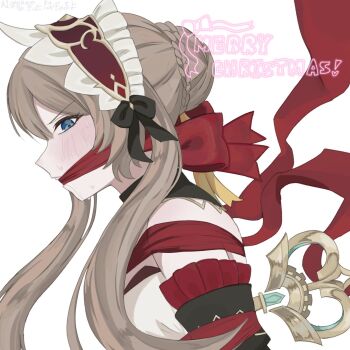 1girl bare_shoulders black_bow blue_eyes bound bow cleave_gag cloth_gag commentary_request frilled_hairband frills gag gagged genshin_impact grey_hair hair_bow hairband highres improvised_gag long_hair merry_christmas nari228_gs red_hairband sandrone_(genshin_impact) simple_background solo tied_up_(nonsexual) upper_body white_background