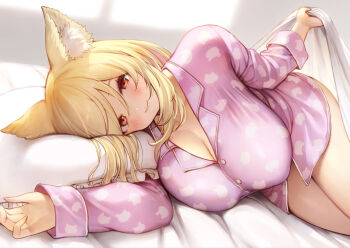 1girl animal_ear_fluff animal_ears blonde_hair blush breasts buttons cleavage closed_mouth commentary_request day dot_nose gougasha_akira highres hitotsubashi_monaka indie_virtual_youtuber large_breasts lifting_covers long_hair looking_at_viewer lying multicolored_hair no_pants on_bed on_side pajamas pillow pink_pajamas red_eyes smile solo two-tone_hair virtual_youtuber wolf_ears wolf_girl