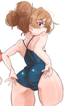 1girl absurdres adjusting_clothes adjusting_swimsuit aisaka_taiga blue_one-piece_swimsuit blush brown_eyes brown_hair competition_school_swimsuit emiillb from_behind hair_up highres loli long_hair looking_at_viewer looking_back official_alternate_costume official_alternate_hairstyle one-piece_swimsuit school_swimsuit simple_background solo swimsuit toradora! wedgie white_background