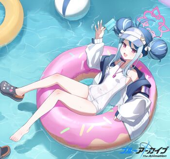 1girl absurdres bare_shoulders blue_archive blue_hair commentary_request covered_navel crocs donut donut_innertube double_bun food fubuki_(blue_archive) fubuki_(swimsuit)_(blue_archive) hair_bun highres holding holding_food holding_popsicle innertube jacket liago loli long_hair official_alternate_costume official_alternate_hairstyle one-piece_swimsuit open_mouth popsicle red_hair sandals sidelocks single_sandal solo swim_ring swimsuit visor_cap white_jacket white_one-piece_swimsuit